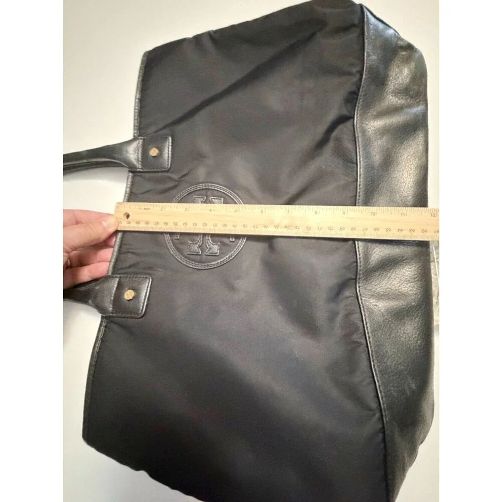 Tory Burch Black Slouchy Nylon Tote – Leather Trim, Striped Lining Description: